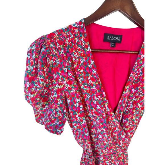 SALONI Lea Wrap Dress Red Pink Poppyfield Silk Size 6 EUC Maximalist Floral Mini - Picture 5 of 15